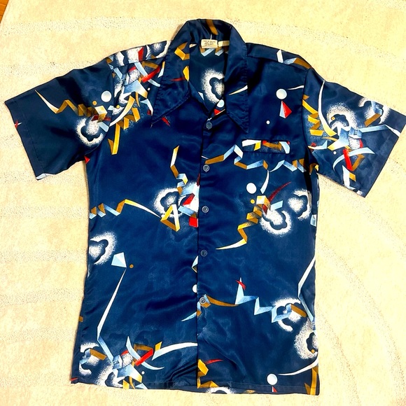 🪩 Paul Howard California Vintage blue Shirt S/S abstract disco geometric - Picture 1 of 15